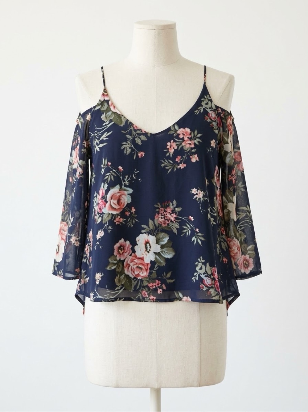 Haute Monde Navy Floral Cold-Shoulder Blouse with Pink Roses